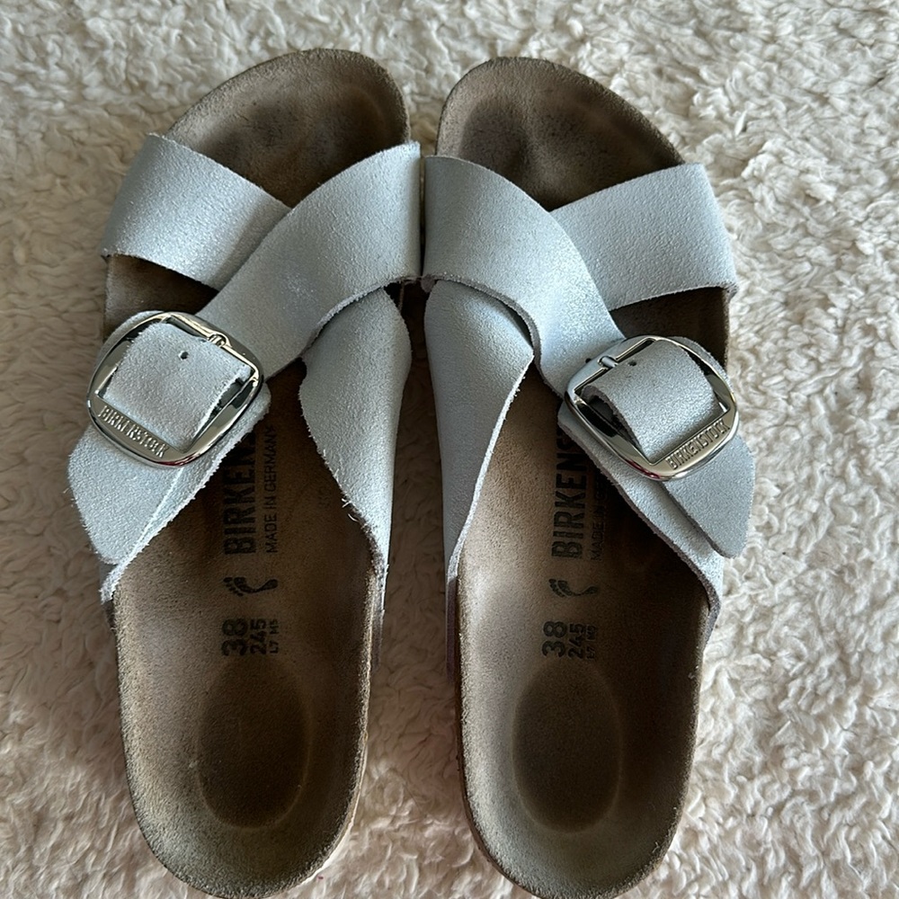 Birkenstock White Sandals with Silver Buckles